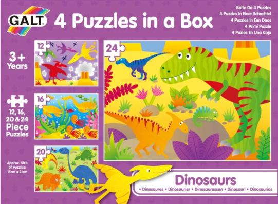 12, 16, 20, 24 Piece - Dinosaurs 4 In A Box GALT Jigsaw Puzzle - Image 1